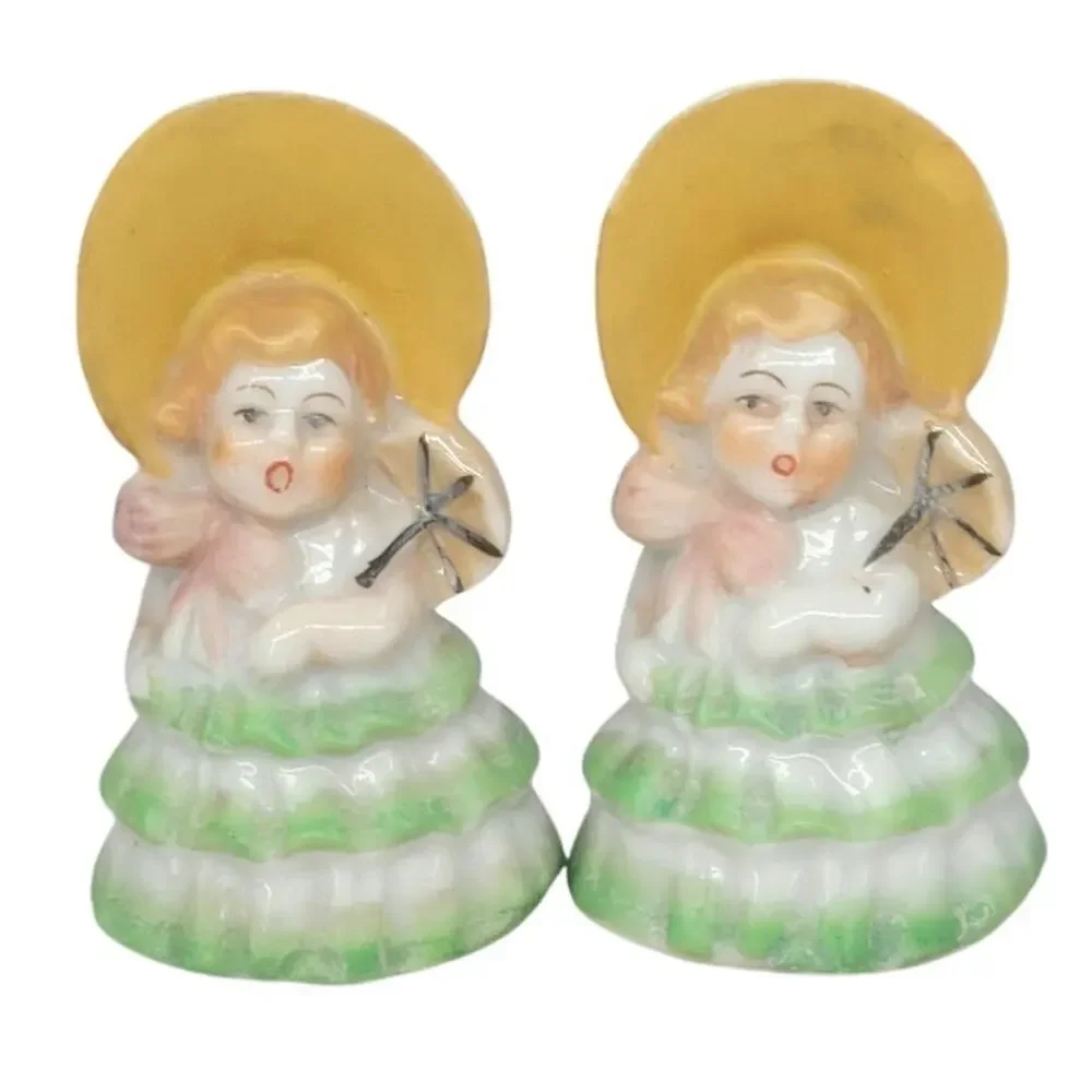 Coquette Porcelain Salt Pepper Shakers Bonnet Parasol Twin Lolita Vintage Ladies